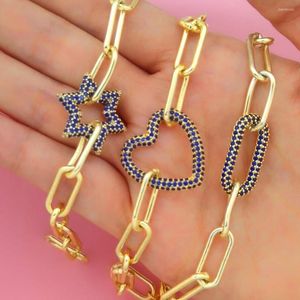 Pulseras con dijes, pulsera geométrica de Zirconia azul, Color dorado, corazón, estrella, sujetadores ovalados, medallón de mosquetón CZ, joyería, cierre de cadena DIY