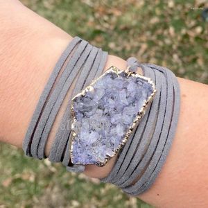 Bracelets de charme BM14711 Cuir Wrap Freeform Druzy Bracelet Manchette Gris Daim Doux Violet Geode Bar Or Boho Bijoux