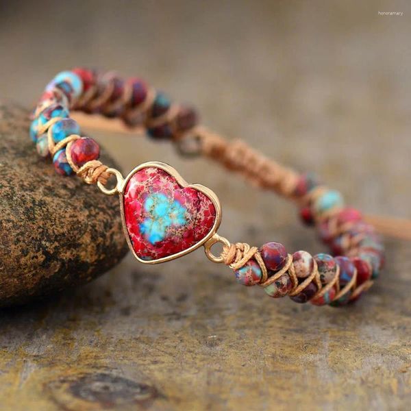 Pulseras de encanto Bohemia Heart Imperial Jasper Bracelet Red Stone Natural Stone Brazalete ajustable para mujeres Regalos