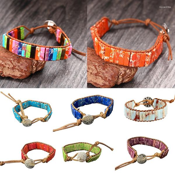 Bracelets de charme Bohème Cylindre Empereur Pierre Bracelet Vintage Corde De Vachette Tissé Bracelet Naturel Guérison Multicolore Bouton En Métal