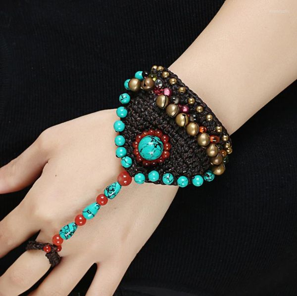 Pulseras con dijes Estilo étnico bohemio Tejido a mano Dedo Una pulsera Personalidad Hilo de cera tailandés Campana turquesa Mujer Retro Creativo