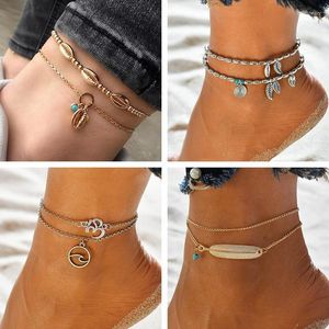 Bedelarmbanden Boheemian multi -lagen enkelarmband voor dames been kettingschaal blad veergolf anklet vintage voet sieraden accessoires1 in