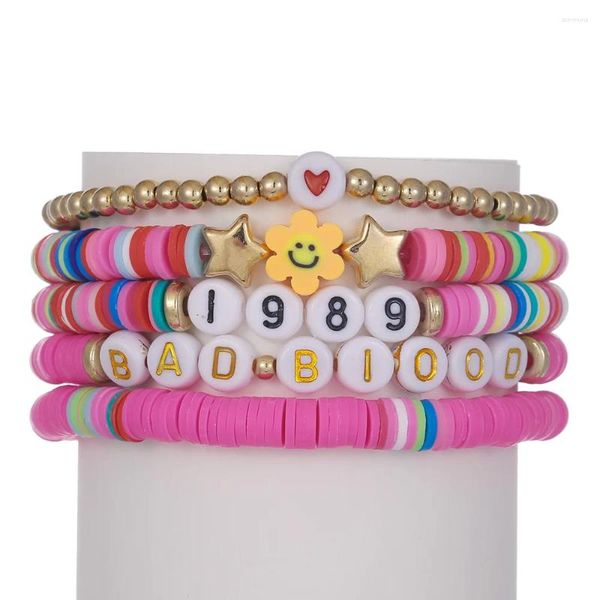 Bracelets de charme Bohème Multicouche Rose Polymère Argile Ensemble Pour Femmes Fleur Coeur Sourire Chamrs Lettre Bracelet Beach Party Bijoux