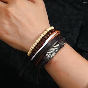 Bracelets porte-bonheur Style bohème produits en cuir PU Bracelet tissé élargi perle en bois cordon bijoux pour hommes