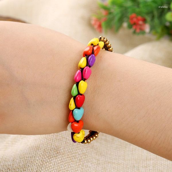 Pulseras con dijes Boho Todo fósforo Corazón Pulsera con cuentas Adorno Para mujer Handknit Piedras semipreciosas Cadenas de mano Campanas ajustables Brazalete