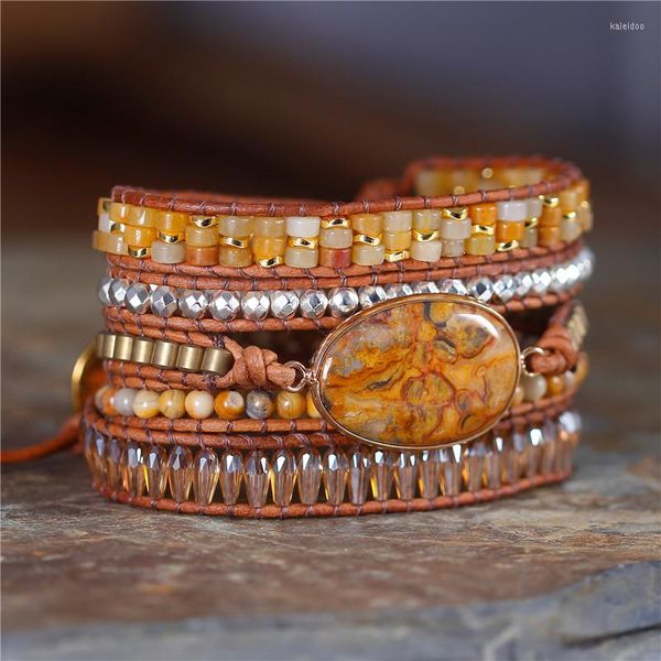 Bracelets porte-bonheur Boho Tressé Long Wrap Autour Bracelet Pierre Naturelle Perlé 5 Wraps Cuir FemmeHomme En Gros Goutte