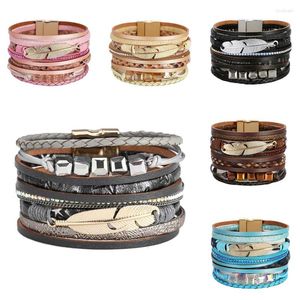 Bracelets de charme Boho Chic Multi Couche Large Rim Bracelet En Cuir Pour Femmes Bijoux Cristal Plume Accessoires Aimant Boucle Bracelet