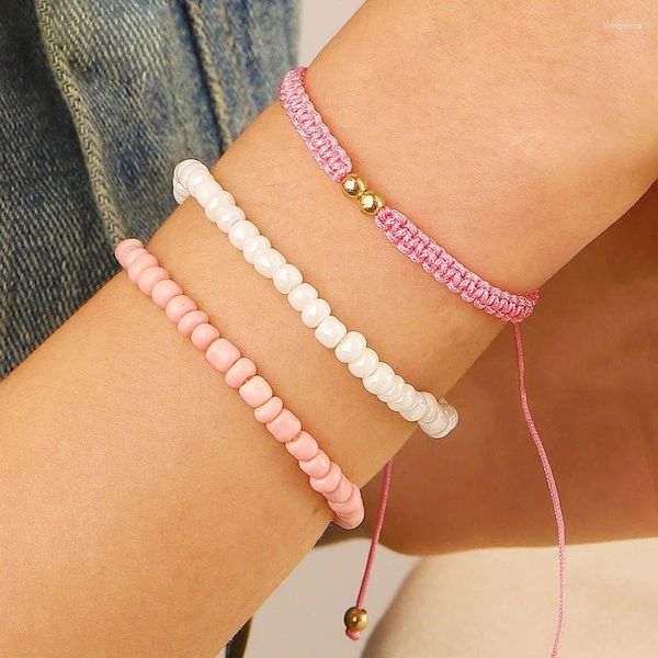 Pulseras de encanto Boho elegante imitación perla arroz pulsera conjunto para mujeres lindo rosa tejido cuerda ajustable joyería de boda de moda