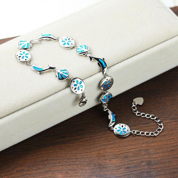Bracelets de charme Boho Femme Blue Opal Jewelry Color Silver Color Flower Chain pour les femmes Bracelet de mariage Dolphin de Saint-midi mignon