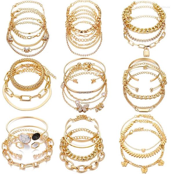 Pulseras de encanto Boho Conjunto de cadena de oro 14K Chapado en múltiples capas Apilable Abierto Brazalete Brazalete Enlace Joyería cubana para mujeres niña