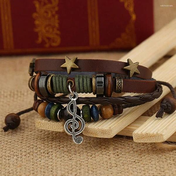 Bracelets à charme Boho Hippie Design Butt Button Bouton Bracelet Black Brown Leather Metal Star Musical Note Musical for Unisexe Jewelry Gift