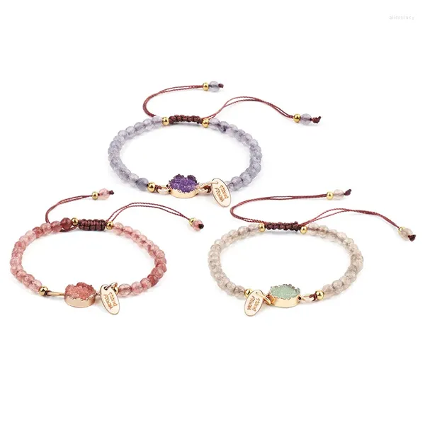 Pulseras con dijes Boho Piedra natural Rosa Púrpura Con cuentas Amistad única Pulsera de cuero Gota de una sola envoltura