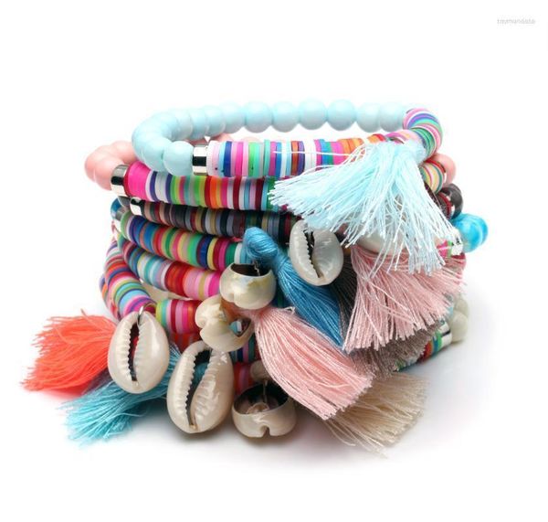 Bracelets porte-bonheur Boho polymère argile disque Heishi perles cauri coquillage glands Bracelet extensible femmes hommes coloré mélange coquillages bijoux PresentCh