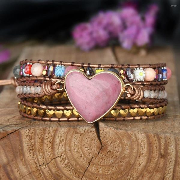 Bracelets de encanto Boho Pulsera de rollowochrosite de piedra natural de cuero con cuero envuelto regalo de cumpleaños para ella para ella