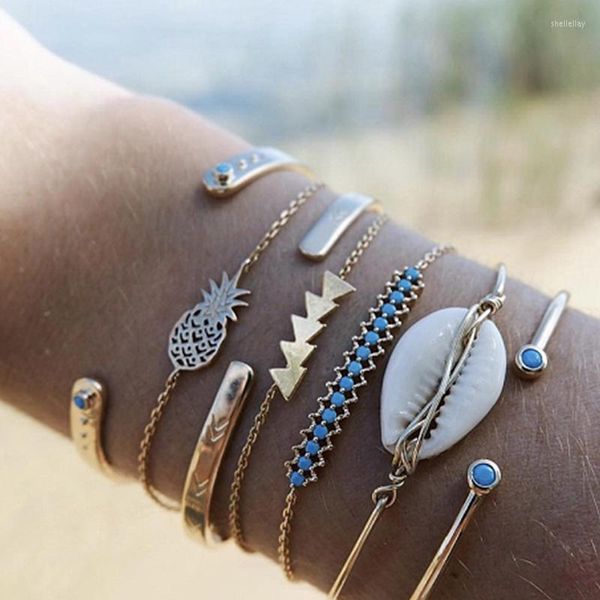 Charm Bracelets Boho Shell Blue Bead Chains Bracelet Set Multicapa Piña Triángulo Brazalete abierto para mujeres Niñas Cuff Beach Jewelry