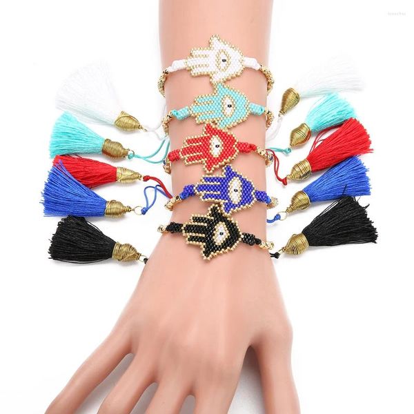 Pulseras de encanto Boho Color sólido Bead Tejido Pulsera ajustable Cuerda encerada Puntos hechos a mano Ojos Plam Moda Joyería de verano Regalo