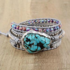 Bedelarmbanden Boho Turquoise keizerlijke Jasper kralenarmband 5 strengen steenleer verpakt voor mannen verjaardagscadeaus