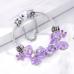 Bracelets de charme Boosbiy DIY Romantique Perles de fleurs pourpres avec pendentif plaqué argent Fit Bracelet fin pour femmes Bijoux Cadeau Desgin