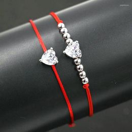 Bracelets de charme BPPCCR 2pcs / ensemble cristal zircon amour coeur rouge fil tresse bracelet 4mm perles de cuivre chanceux pour les femmes amoureux Pulseira