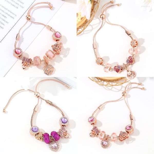 Pulseras con dijes Código de pulsera Pulsera ajustable Creativo DIY Hecho a mano Cristal con cuentas Rosa Amor Colgante Fino Mujer Variedad de regalos