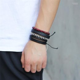 Bracelets porte-bonheur tressé Bracelet en cuir véritable Bracelet en bois perlé Wrap Punk plusieurs couches réglable Pulseira pour hommes femmes1 Inte22