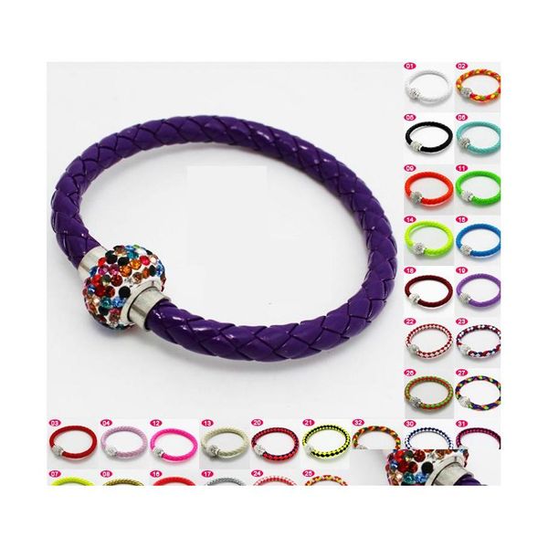 Bracelets à breloques Tressé Pu Cuir Magnétique Bouton Bracelet Cz Disco Cristal Perle Bracelet Mticolor Artisanat Cadeau Drop Delivery Jewelr Otv3D