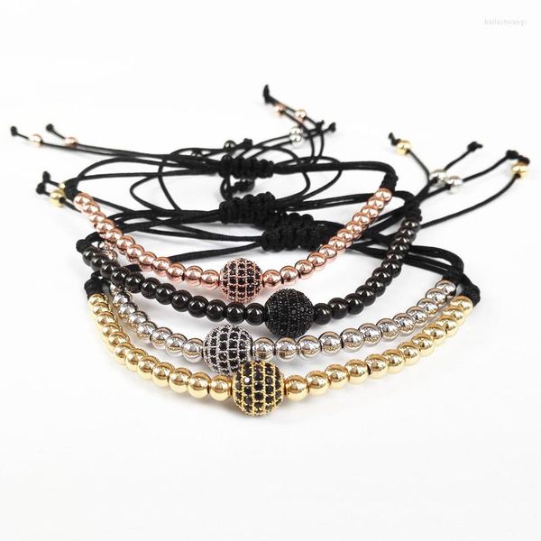 Pulseras con abalorios de marca para hombre, Color dorado, 4mm, cuentas redondas, 8mm, Micro pavé, negro, CZ, trenzado, pulsera de macramé, apto para regalo de Navidad