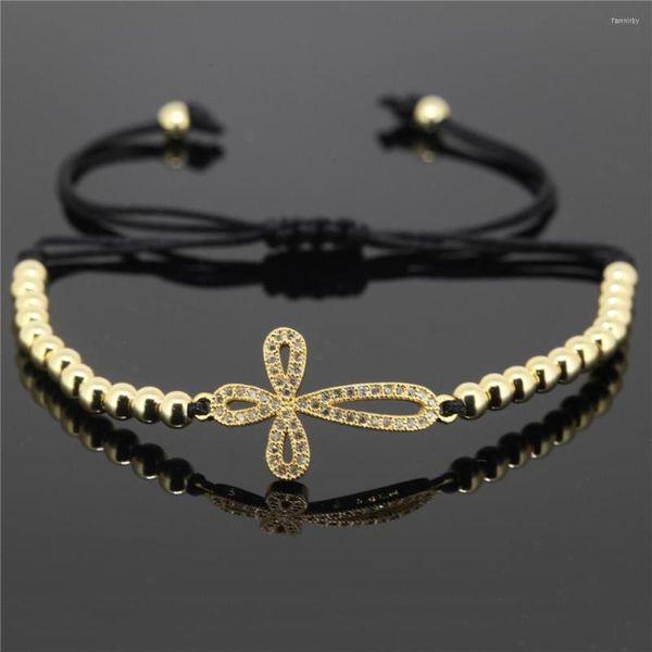 Bracelets porte-bonheur marque femmes croix incurvée sur le côté perles CZ 4mm boule ronde laiton tressage macramé Bracelet bijoux cadeau