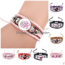 Bedelarmbanden Borstkankerbewustzijn Roze lint voor vrouwen Walking The Cure Lederen Wrap Bangle Mode Geloof Hoop Geloof Sieraden Dha2V