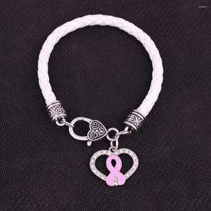 Bedelarmbanden Borstkankerbewustzijn Roze Emaille Strik Kristal Hart Hanger Met 7,8