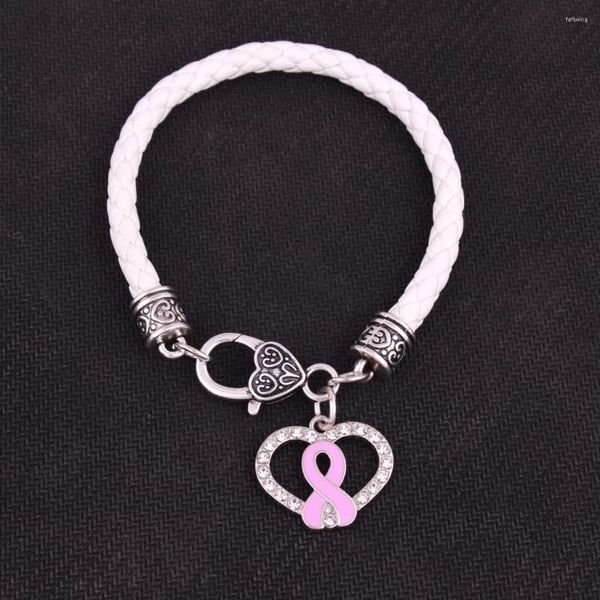 Bracelets de charme Sensibilisation au cancer du sein Ruban d'émail rose Pendentif coeur en cristal avec 7,8 