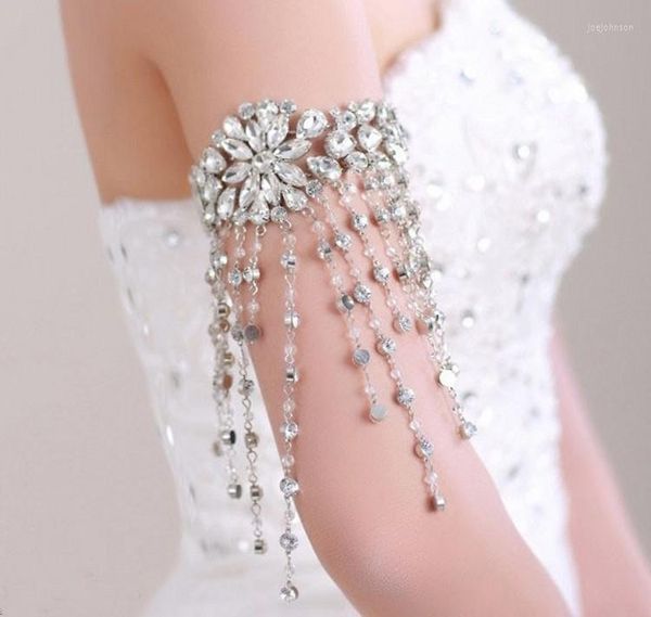 Pulseras de encanto nupcial borla larga pulsera de diamantes de imitación cadena de mano brazalete de cristal joyería brazo vestido de novia accesorios declaración