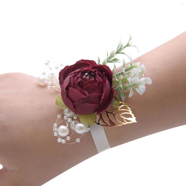 Brazalete de encanto pulsera de dama de honor boda corsage poliéster cinta rosa flores de perlas regalos de novia muñeca muñeca