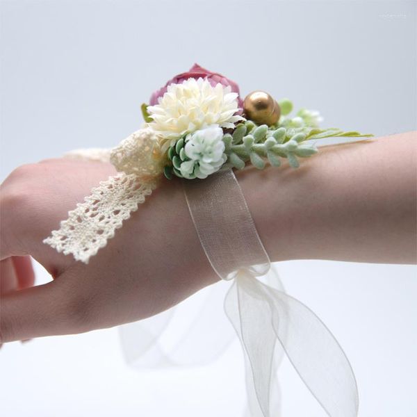 Bracelets porte-bonheur Bracelet de demoiselle d'honneur mariage Corsage Polyester ruban Rose fleurs perle arc Bridel cadeaux accessoires de poignet