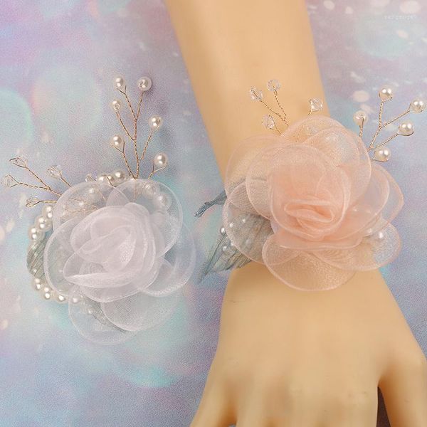 Bracelets porte-bonheur demoiselle d'honneur poignet fleurs mariage bal fête fillesboutonnière Satin Rose Bracelet tissu main approvisionnement accessoires