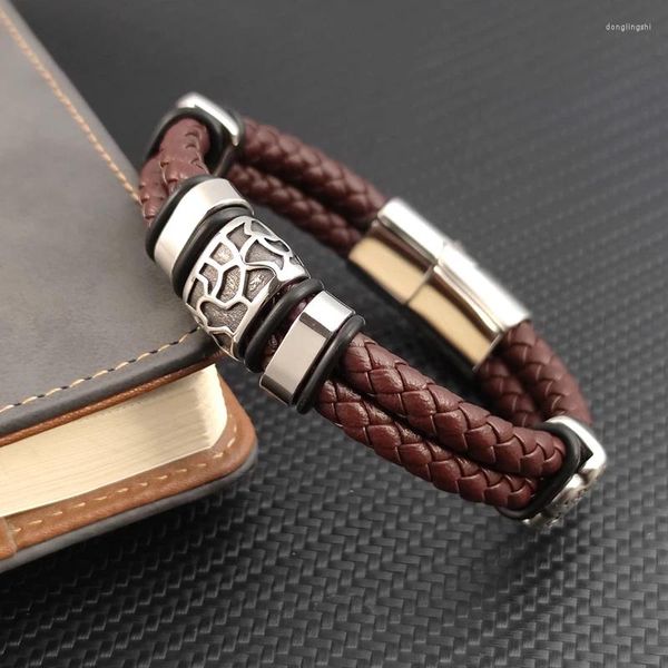 Bracelets de charme Brown luxe en acier inoxydable 316L irrégulièrement fissuré homme bracelet véritable cuir tressé articles de bijoux pour hommes