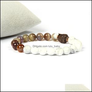 Bracelets de charme Bijoux bouddhistes en gros 10pcs / lot 8mm naturel bota blanc howlite pierre perlée cz bracelet de bouddha pour hommes cool dro dhzdd