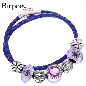 Pulseras de encanto Fashion Buipoey Purple Rhinestone de cuero Joya de brazalete femenino Doble fino