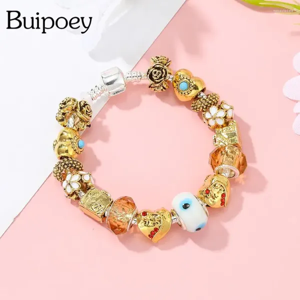 Bracelets de charme Buipoey Golden Heart Perles Fleurs Pour Femmes Hommes Original Cristal Verre Perlé Bracelet Bijoux Cadeaux D'anniversaire