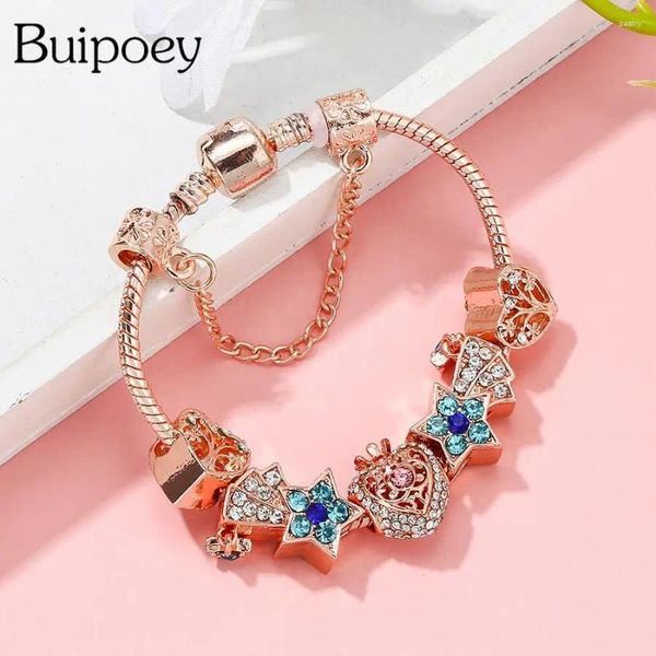 Pulseras de encanto Buipoey Rose Gold Crown Heart Bead de la vida para mujeres Meteoras Meteor