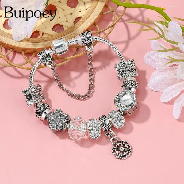 Bracelets de charme Buipoey Silver Color Fleur Pendant Crystal Bead Butterfly For Women Girl DIY Bracelet Bijoux Cadeaux