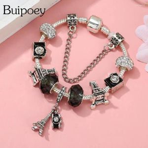 Bedelarmbanden buipoey torencamera voor vrouwen mannen diy kristal kralen zilveren kleur armband reis herdenkingsjuwelen