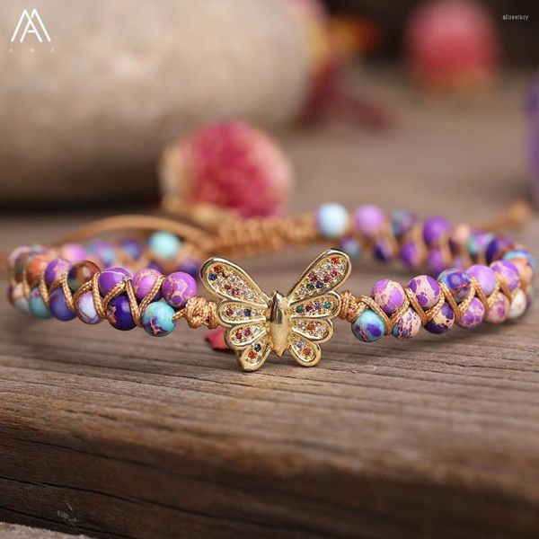 Pulseras con abalorios, pulsera con abalorios de mariposa, 4mm, cuentas de jaspe de sedimento marino Natural, cadena trenzada de Yoga, joyería para amantes de la amistad