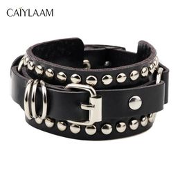 Charme pulseiras caiylaam estilo punk rebite couro para mulheres rock jóias preto e branco homens hip hop casal282m