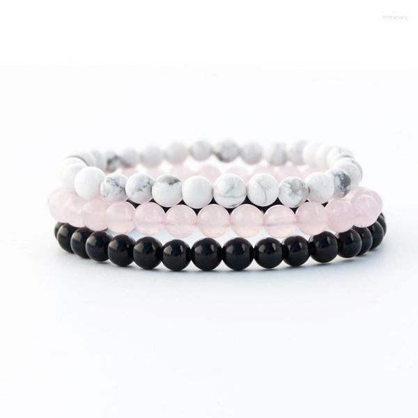 Pulseras con dijes Calming The Mind Stacking Bracelet Rose Q-uartz White Howlite y Black Onyx Wrist Set de 3 cristales curativos Joyas