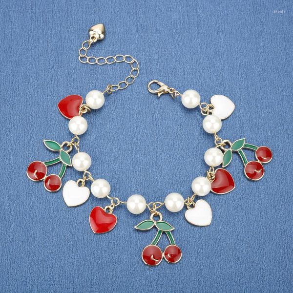 Pulseras con abalorios, pulsera de dibujos animados, brazalete con cuentas de corazón de cereza roja, cadena, chica japonesa que ha aparecido a la izquierda de la pulsera Lchiro