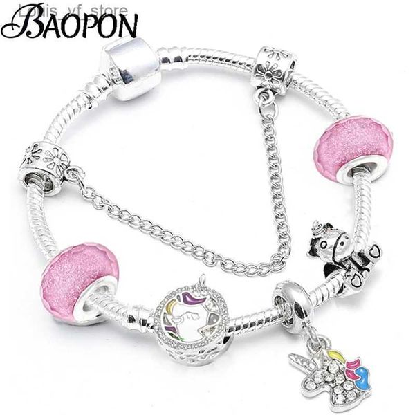 Braceletas Charmets Cartoon Unicorn Beads Charm Bracelets for Women Romantic Silver Color Snake Chain Bangle for Kids Brand Jewelry Gift T231213