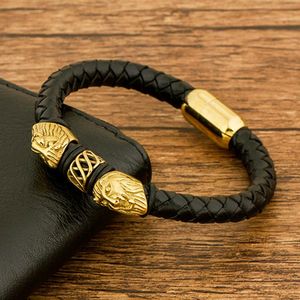 Bracelets porte-bonheur Casual Luxry Mode Punk Aimant En Acier Inoxydable Glod Tressé En Cuir Véritable Hommes Bijoux En Gros AccessoiresCharme