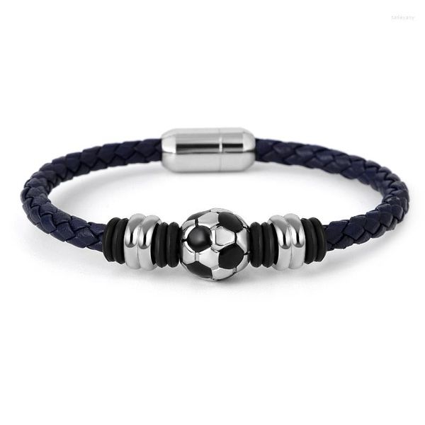 Pulseras con abalorios, deporte informal, fútbol, para mujeres, hombres, jugador, aficionado al fútbol, pulsera de cuerda de cuero, joyería de acero inoxidable