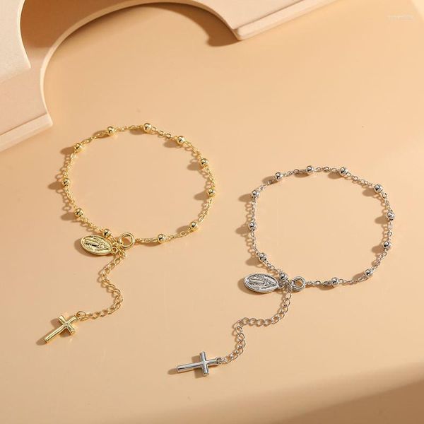 Pulseras con abalorios, pulsera de cadena con cuentas de Rosario de la Virgen María católica para Mujer, Pulseras con colgante de cruz de cobre, joyería religiosa para Mujer